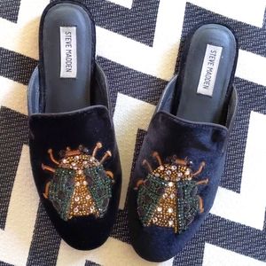 Steve Madden Black Velvet Beetle jeweled mules